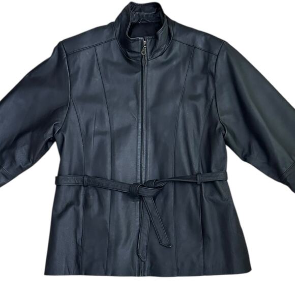 Vintage KC Collections Black Leather Jacket Women XL Belted Zip Front Moto - Picture 1 of 13